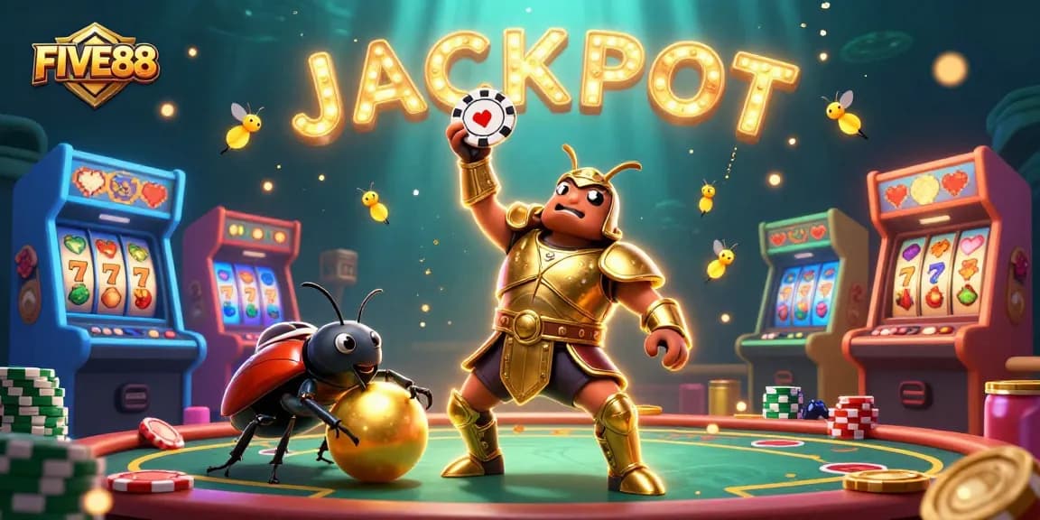 Engage with the FIVE88 casino experience through vibrant 3D illustration featuring beetle characters, poker chips, and slot machines.