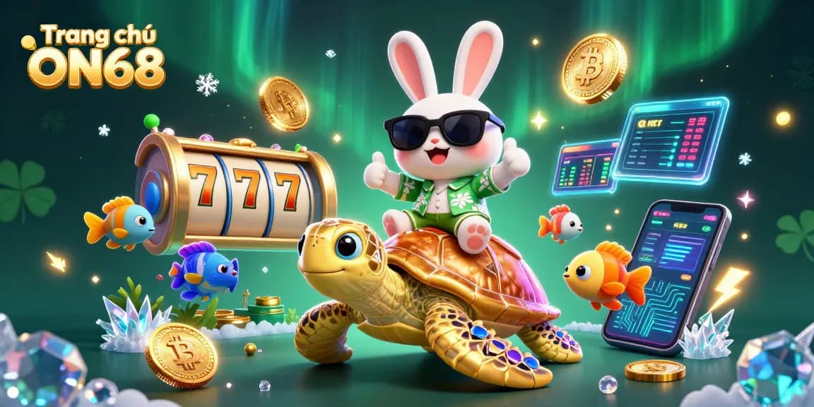 Win big with Trang chủ ON68: a lucky rabbit rides a golden sea turtle amidst vibrant slot reels and crypto elements.