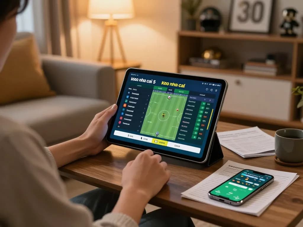 Person analyzing keo nha cai 5 sports betting odds on a tablet at home, creating a strategic betting environment.