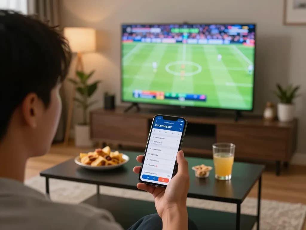 Engaged bettor using keonhacai5 app during live sports betting in a cozy home environment.