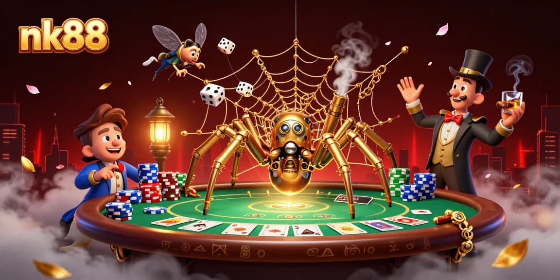 Engage with nk88's thrilling casino atmosphere featuring a dynamic steampunk spider and luxurious poker elements.