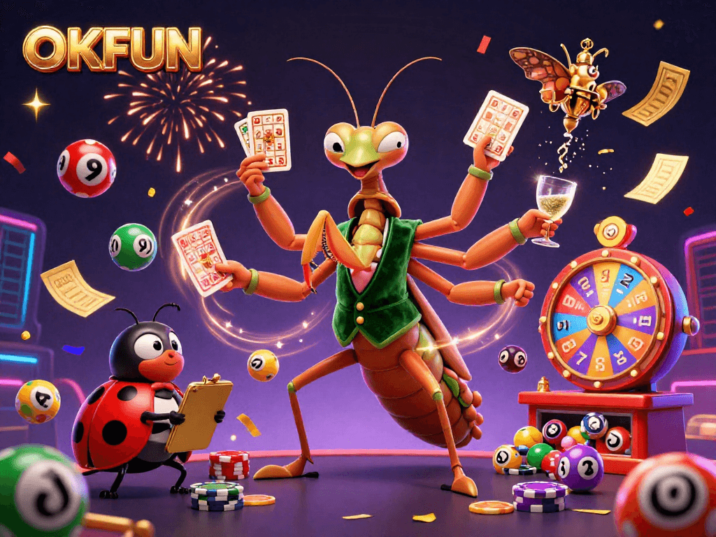 Experience excitement at OKFUN, featuring vibrant cards, chips, and delightful characters in a lively casino scene.