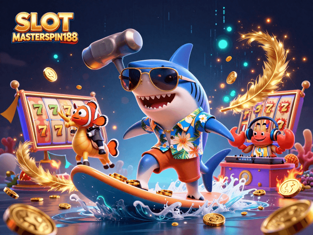 SLOT MASTERSPIN188 showcases a vibrant 3D scene with a shark surfing on gold coins, highlighting thrilling slots gameplay.
