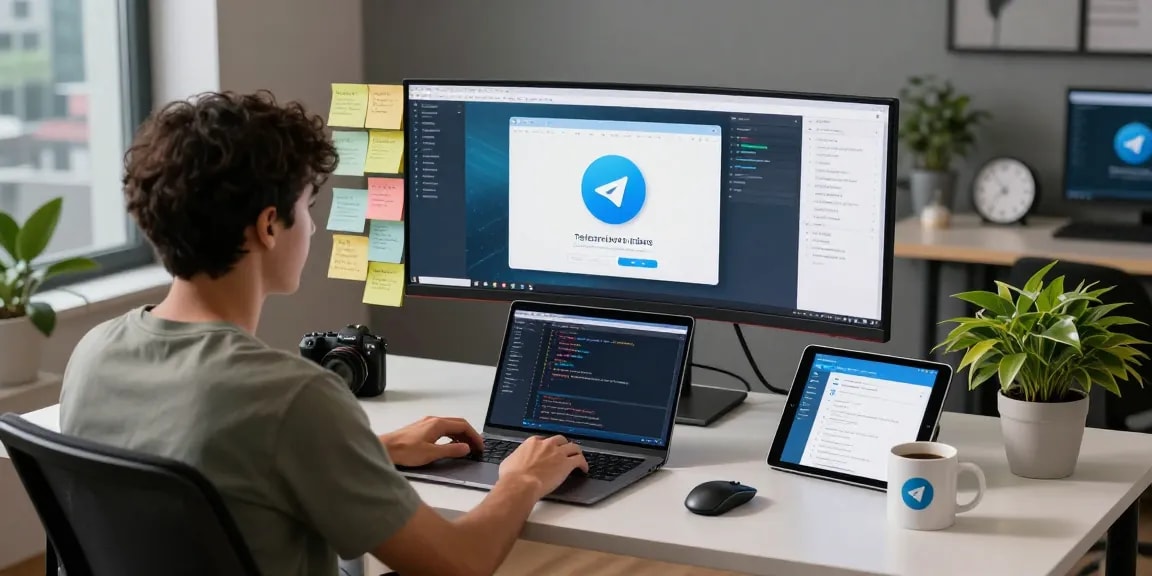 Engaging digital workspace for telegramin-cn.com showcasing a developer using Telegram features with tech gadgets.