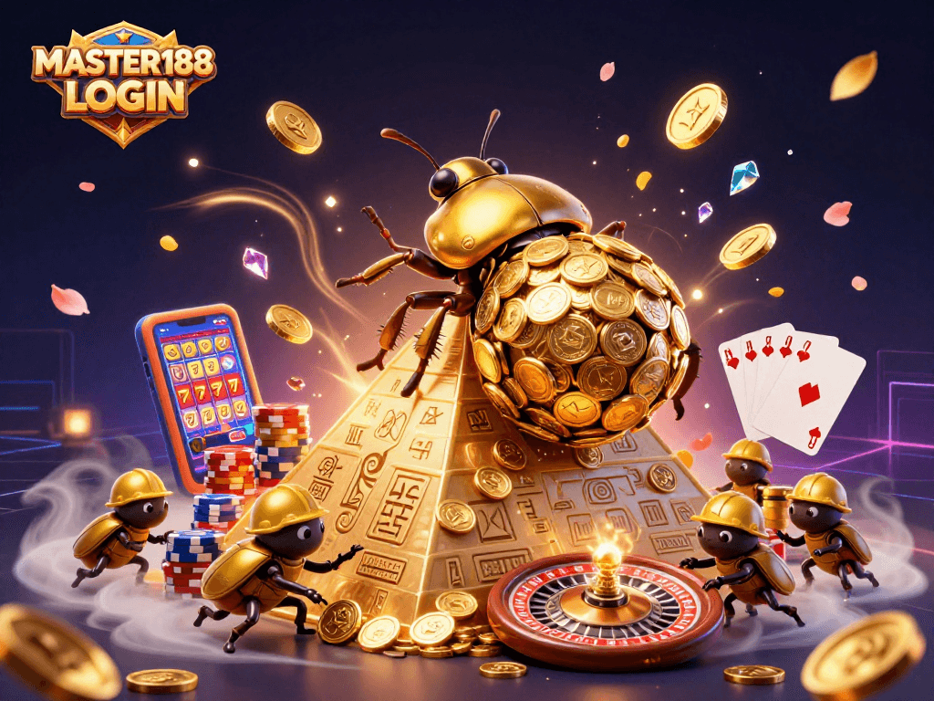 Roll the jackpot with MASTER188 LOGIN as a golden beetle rolls riches in a vibrant casino scene.