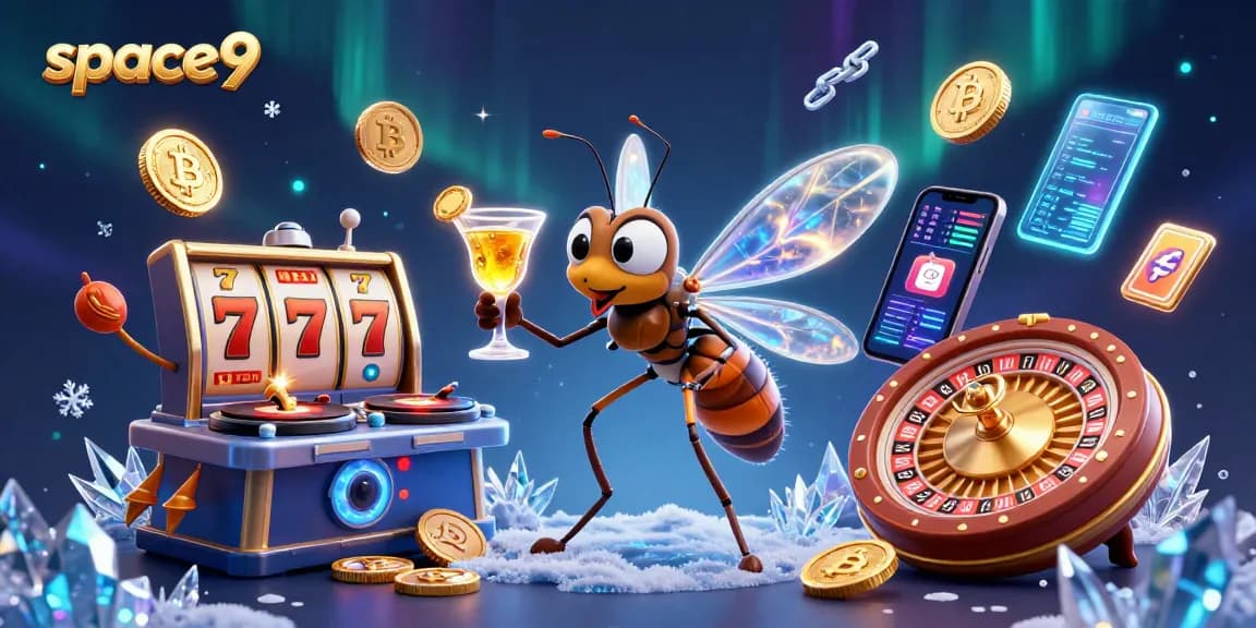 Join the excitement at space9 with a vibrant casino scene featuring character mascots and game elements, capturing a lively atmosphere.