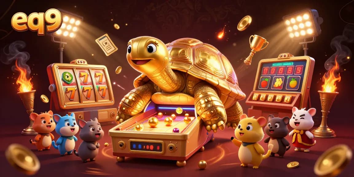 Experience the excitement at EQ9 with a golden tortoise casino and vibrant slot elements.