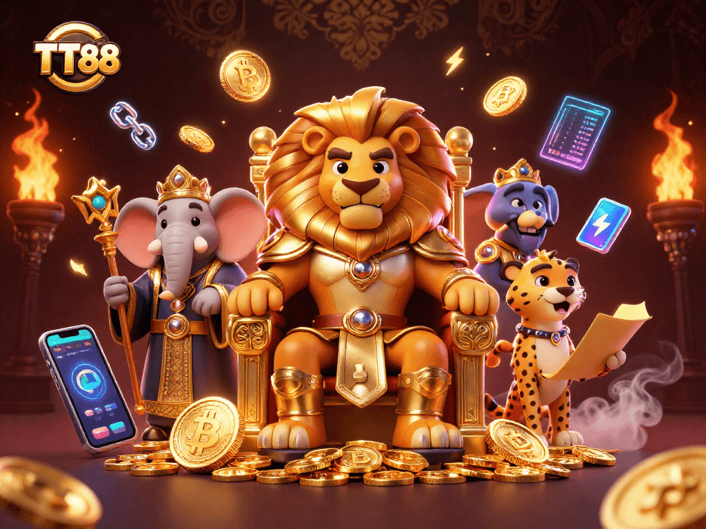 TT88 showcases an immersive online casino experience with lion king, elephant advisor, and cheetah messenger.
