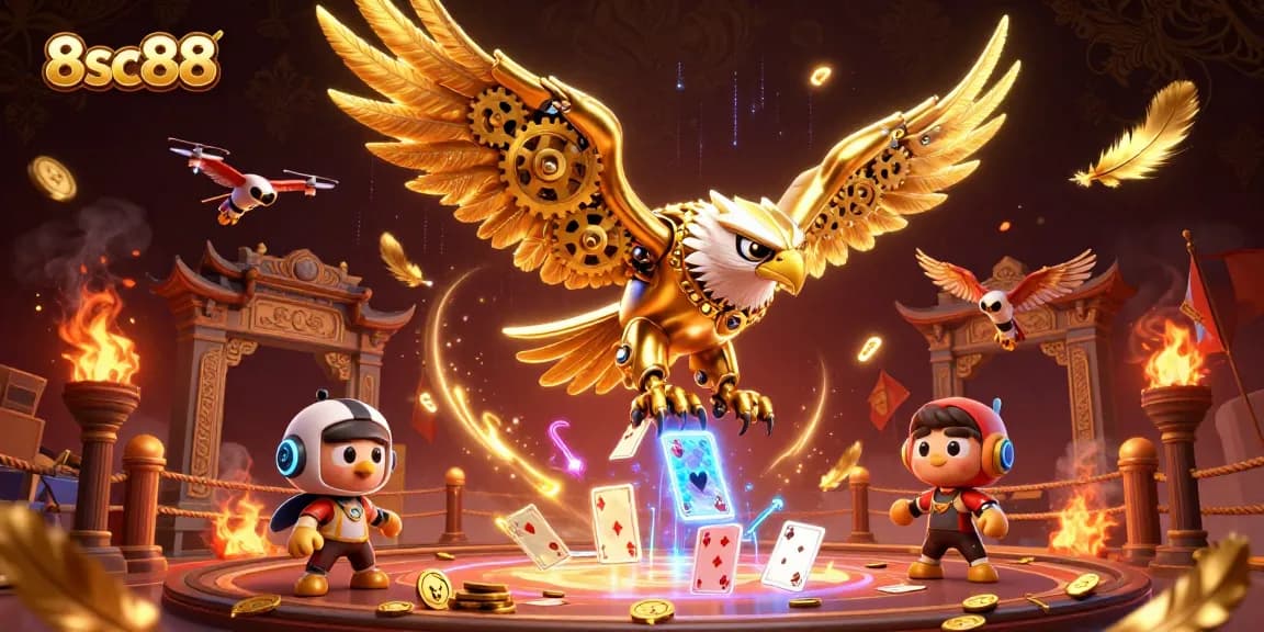 Win big with 8sc88's golden eagle diving through holographic cards in an exhilarating casino scene.