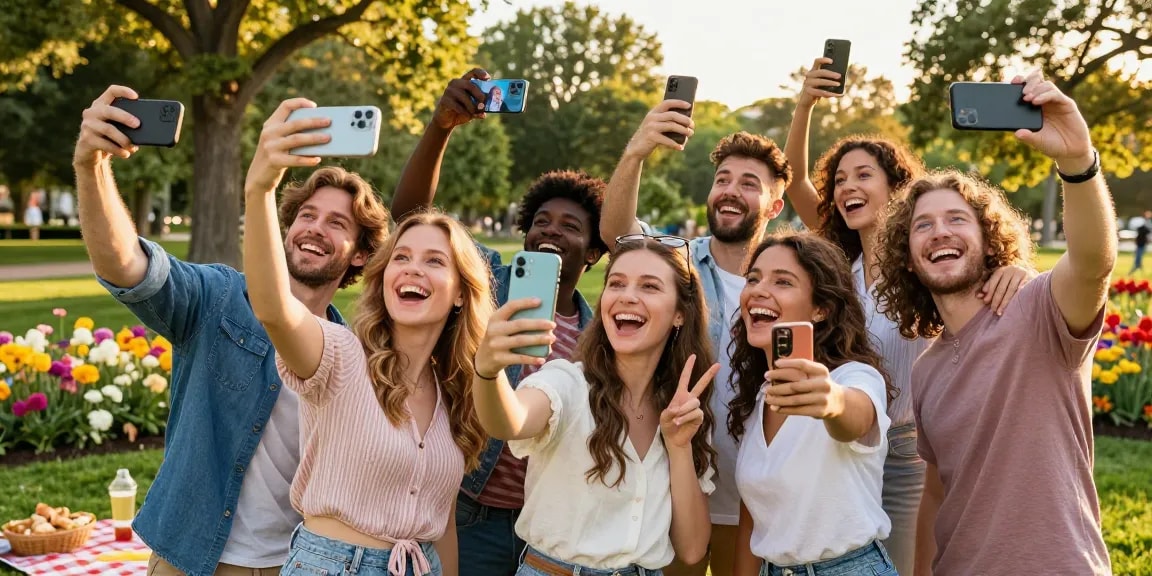 Friends using the celebrity i look like app outdoors comparing their selfie results with famous celebrities.