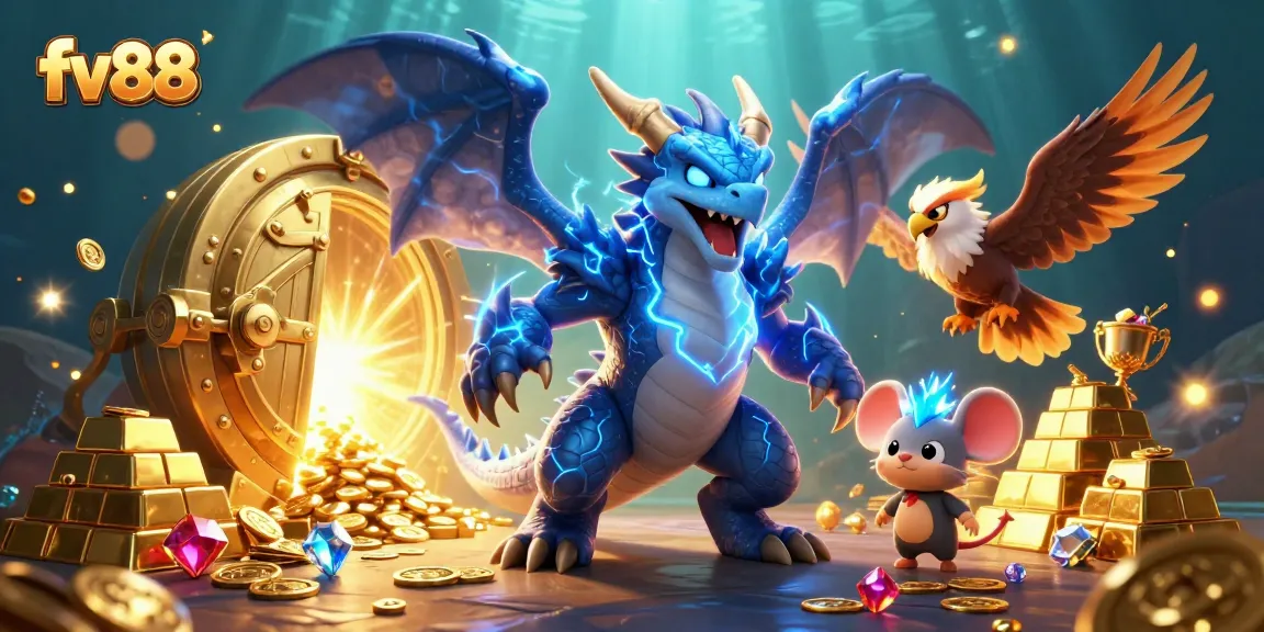 Experience thrilling jackpots and gaming action with fv88's vibrant casino illustration.