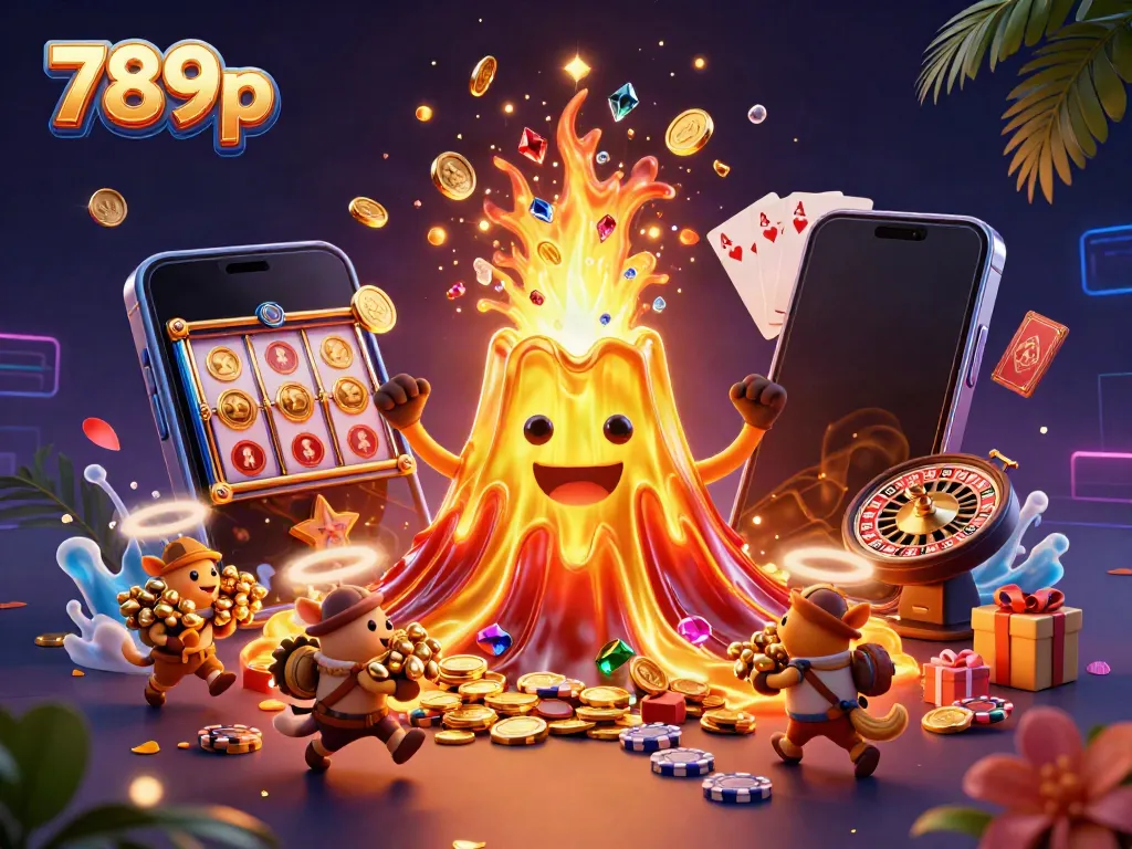 Engage with 789p as golden treasures erupt from a volcano in this vibrant casino-themed illustration.