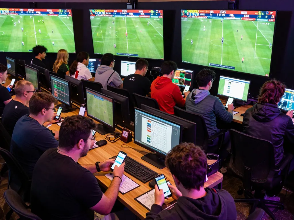 Experience live sports betting excitement at 7m-7m with engaged players closely analyzing giant screens displaying match odds and stats.