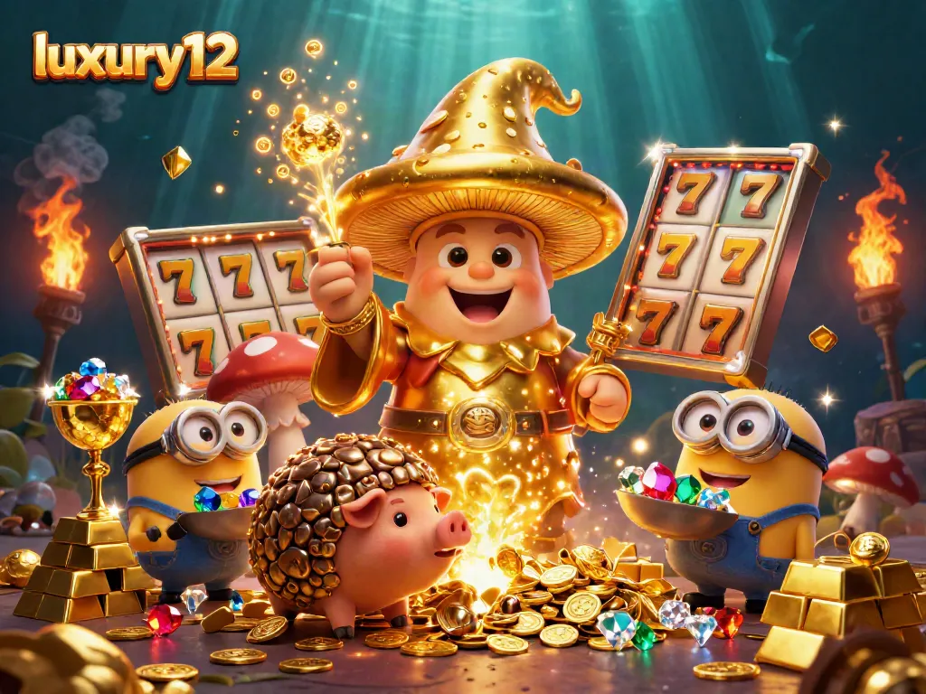 Experience the magic of luxury12 as the golden wizard transforms treasures in a vibrant casino scene.
