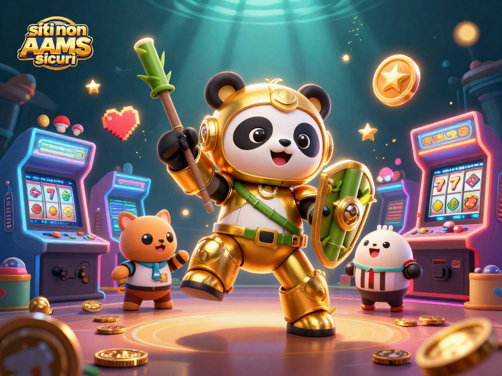 Illustrazione 3D di mech-panda in battaglia in un casinò online, con simboli di "siti non AAMS sicuri".