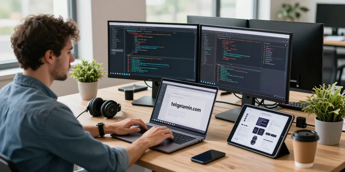 Programmer coding on telegraimin.com in a modern office with multiple screens and tech gadgets.