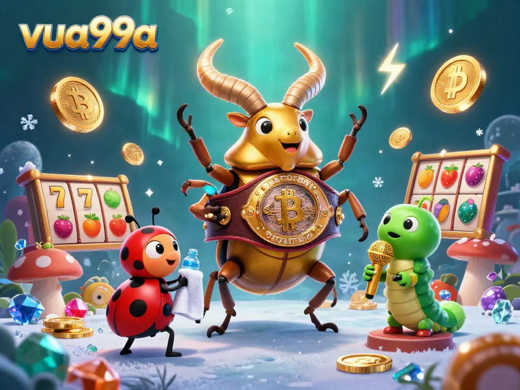 Experience thrilling gameplay at vua99a with vibrant slot and crypto elements in a dynamic 3D casino scene.