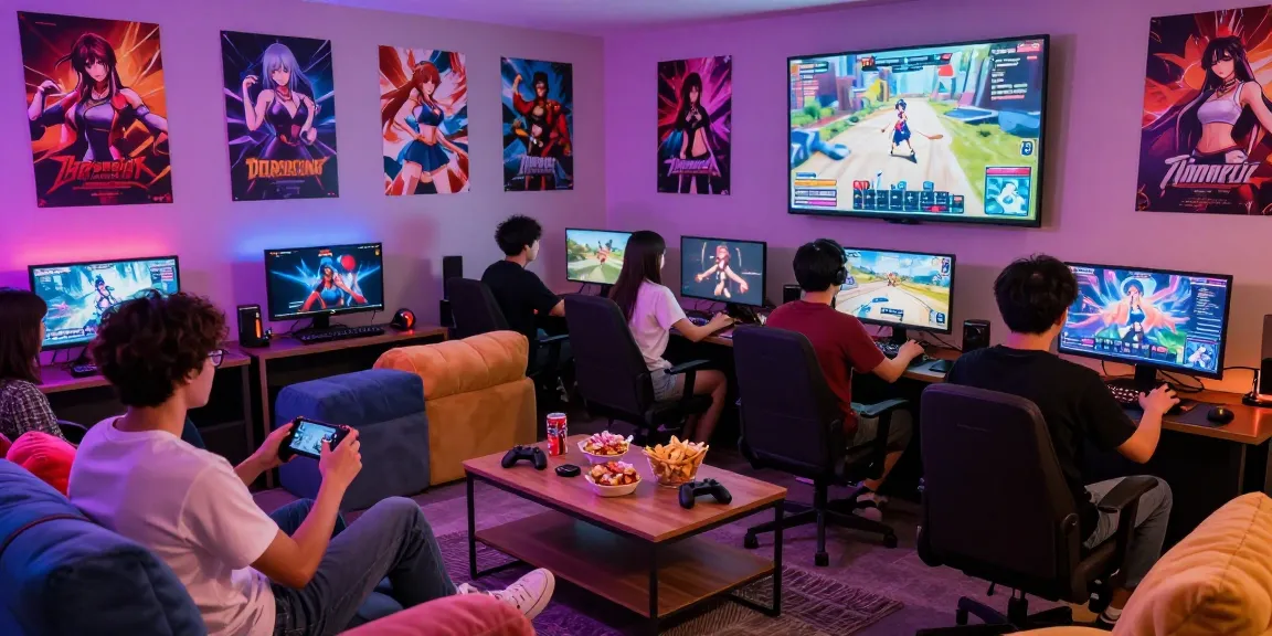 Engaged players enjoying hentai games in a colorful gaming lounge with lively atmosphere and diverse gaming culture.