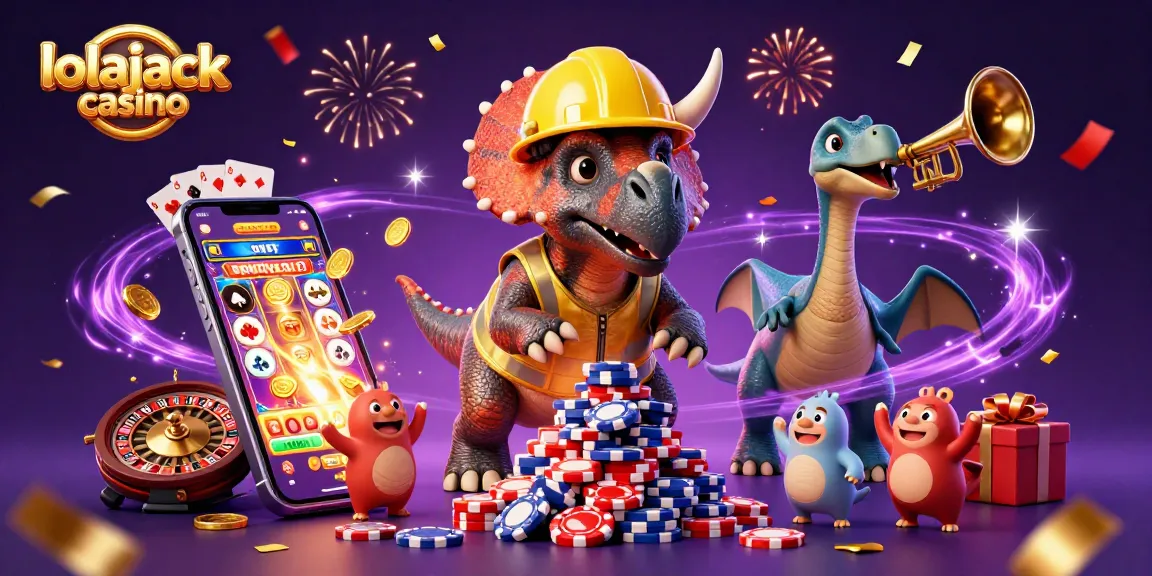 Experience the excitement at lolajack casino with vibrant slot games, poker chips, and joyous characters celebrating together.