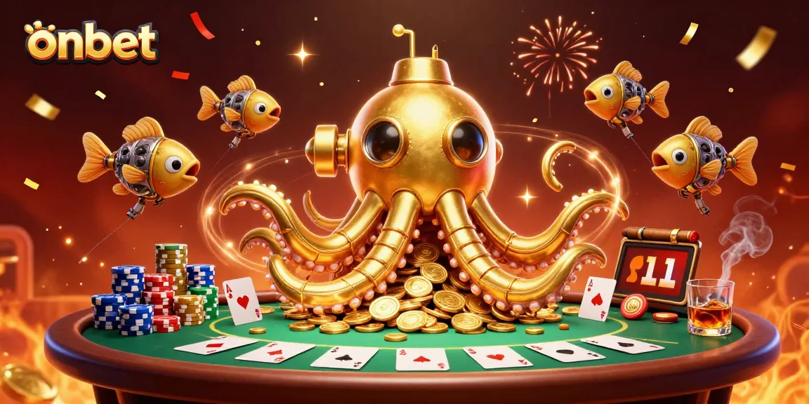 Experience onbet with a golden kraken submarine amidst poker elements in a vibrant casino atmosphere.