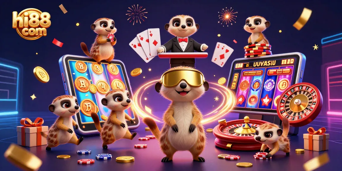 Engage with hi88 com and experience a lively casino scene filled with excitement and cheerful meerkats.