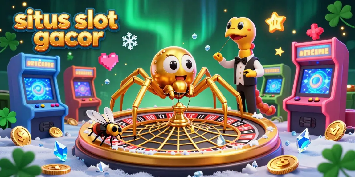 Experience excitement at situs slot gacor with colorful machines and dynamic gameplay, enhanced by a golden web and lively characters.