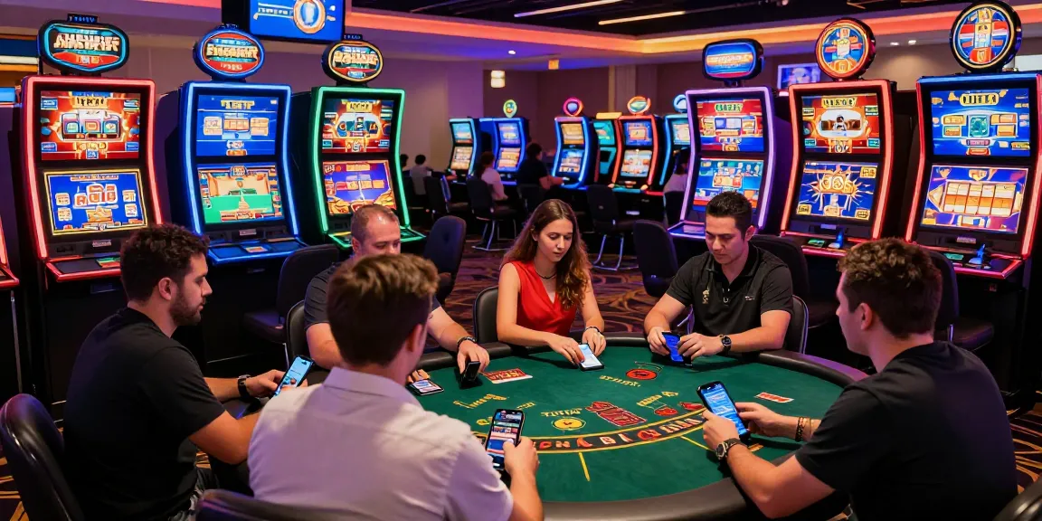 Exciting casino gaming atmosphere at Jackpot City with players engaged in live blackjack, surrounded by vibrant slot machines.