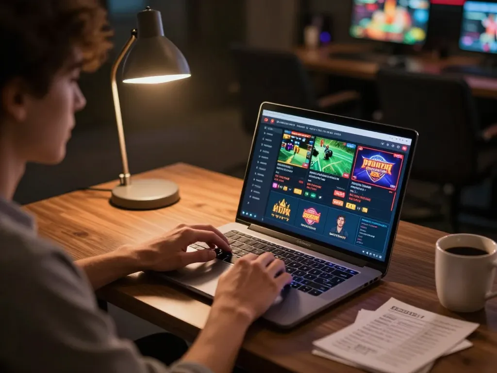 Engaging in online gambling strategies on ee88 platform with a laptop setup.