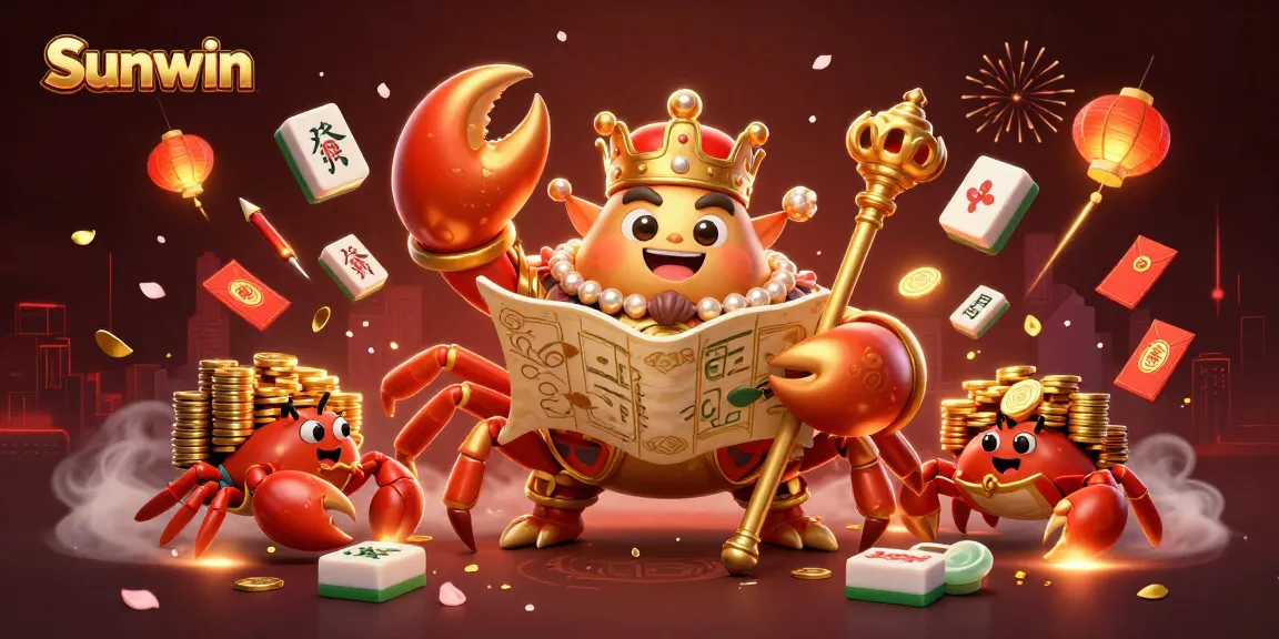 Sunwin gaming illustration featuring a vibrant golden crab emperor amidst casino action with lucky symbols.