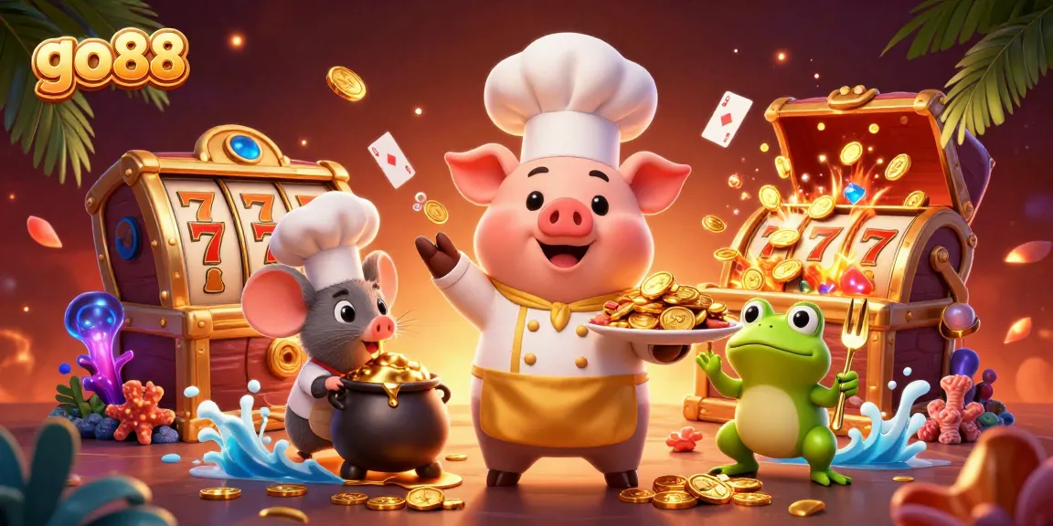 Join the excitement at go88 with a chef pig serving gold coins, amidst slot reels and vibrant ocean treasures.
