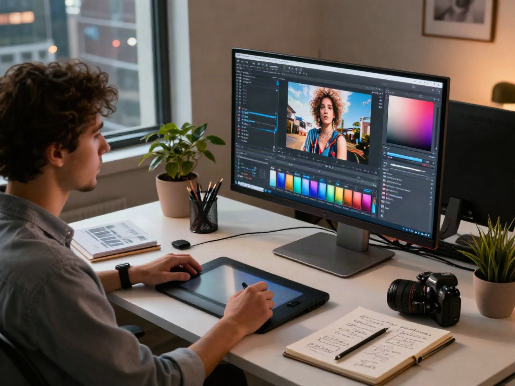 Professional designer working with an ai photo editor, showcasing vibrant digital art and creative workspace.