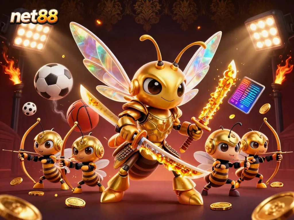 Experience the excitement of net88 sports betting with a vibrant 3D illustration showcasing gaming elements and themed characters.