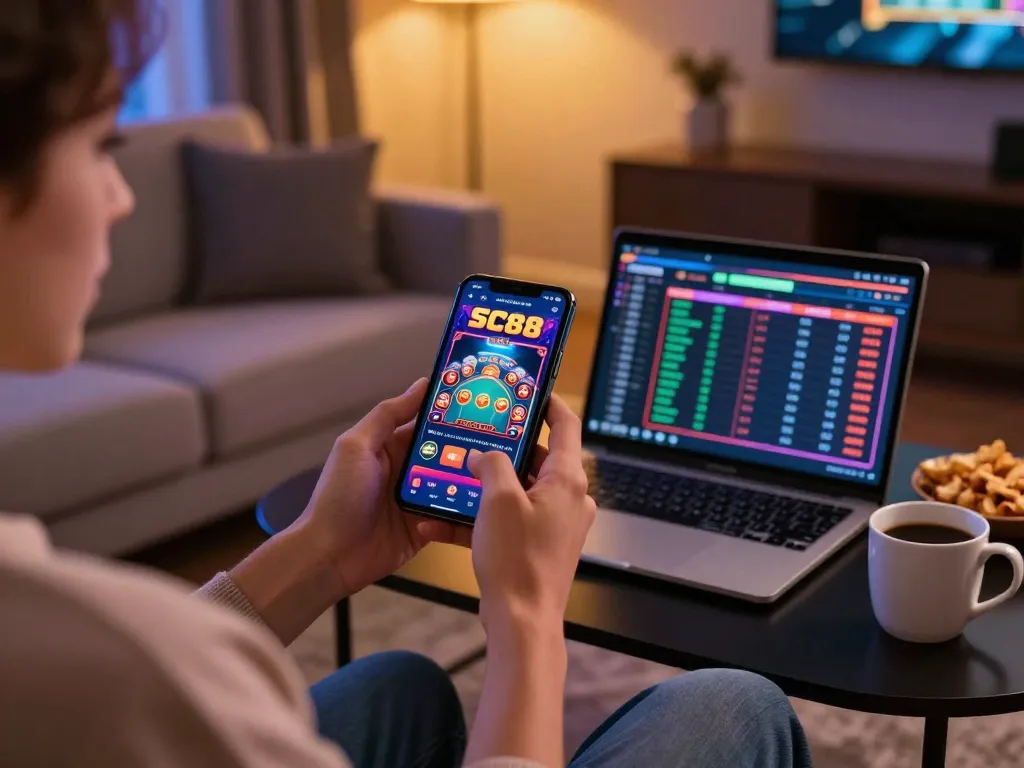 Engaging in online gaming on the SC88 app while relaxing at home.