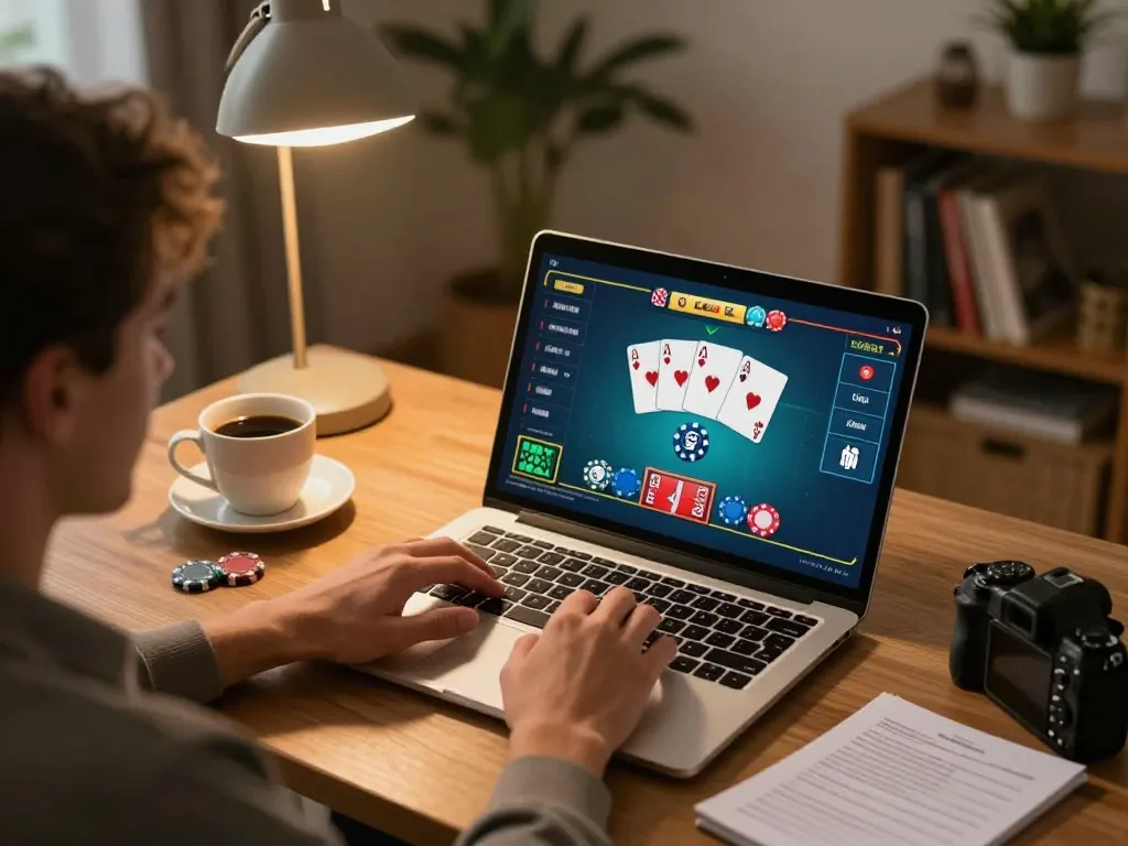 Engaging online gaming experience featuring LC88 link on home desk with player using laptop.