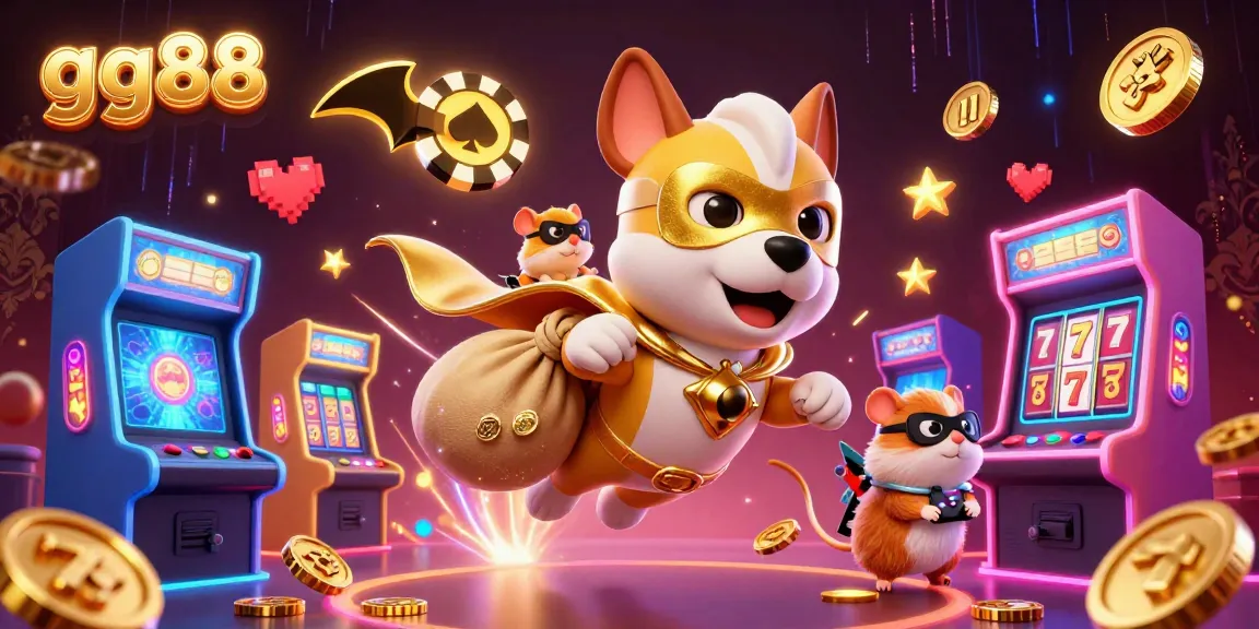 Experience thrilling wins at gg88 with a superhero dog flying through a vibrant casino world.