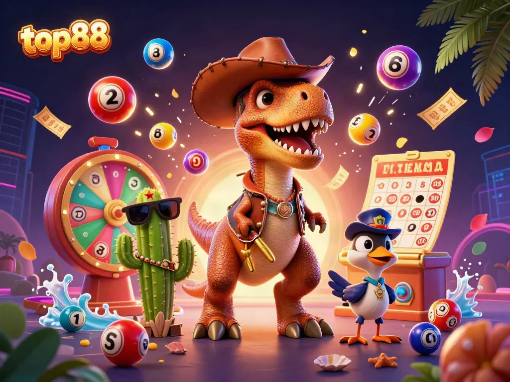 Engage with vibrant top88 elements in a dynamic casino adventure scene showcasing lively characters and games.