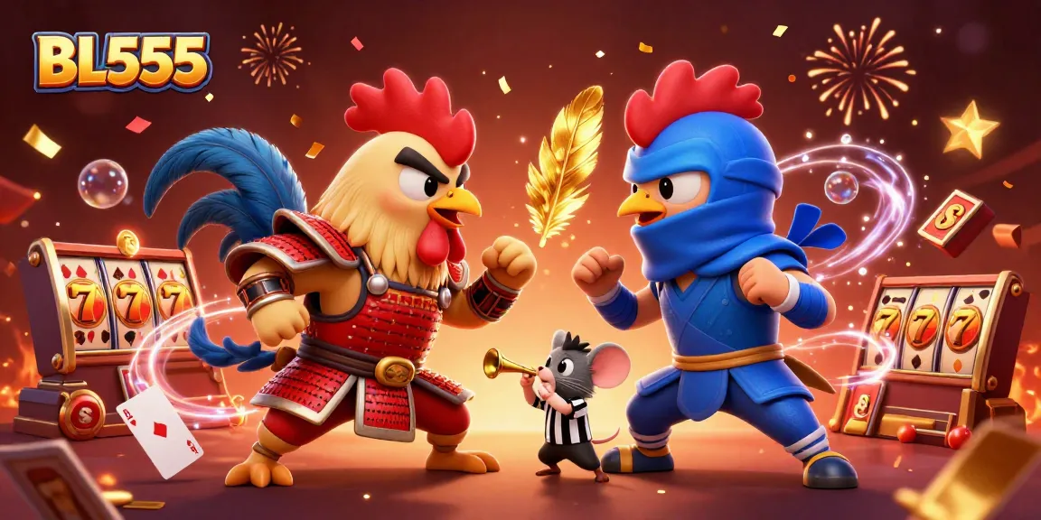 Engaging gameplay scene featuring BL555 with samurai and ninja roosters in a vibrant casino environment.