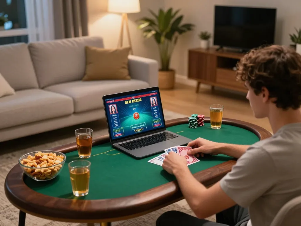 Play online poker from home with top game bài đổi thưởng, showcasing exciting gameplay on a laptop.