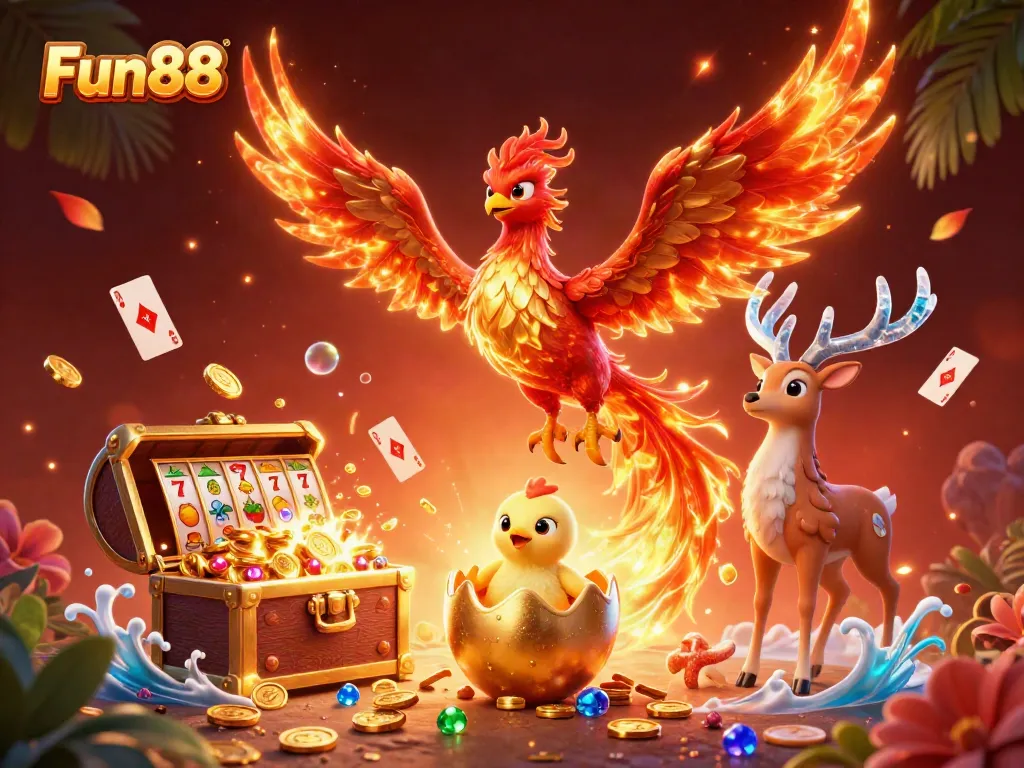Engage with Fun88's online games featuring a vibrant scene of casino elements and mythical characters.