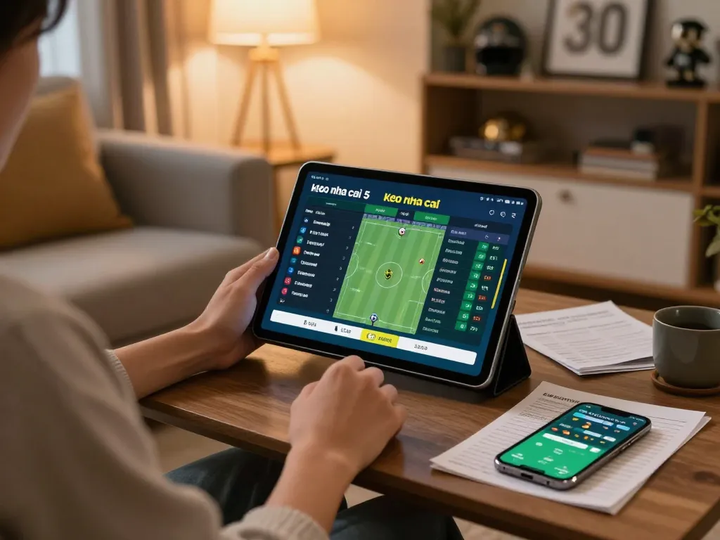 Person analyzing keo nha cai 5 sports betting odds on a tablet at home, creating a strategic betting environment.