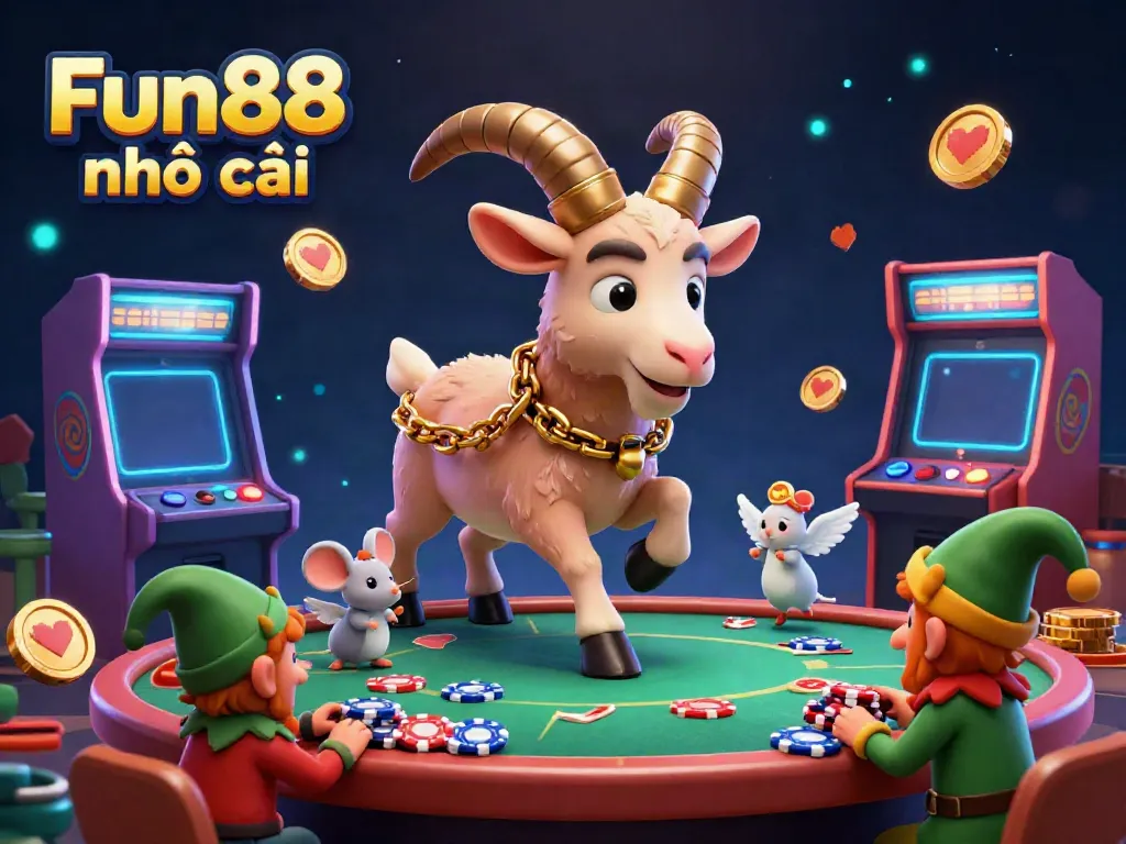 Engage in thrilling online gambling at Fun88 nhà cái with a festive casino scene featuring cartoon characters and game elements.