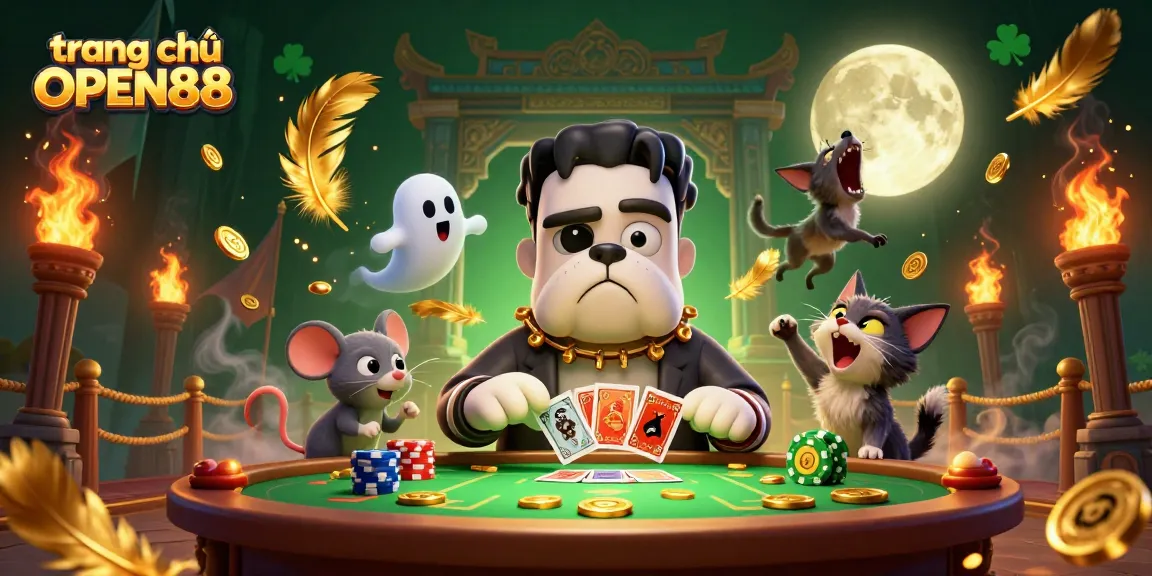 Engage in thrills at trang chủ OPEN88 with a vibrant 3D casino illustration featuring unique characters and dynamic casino elements.