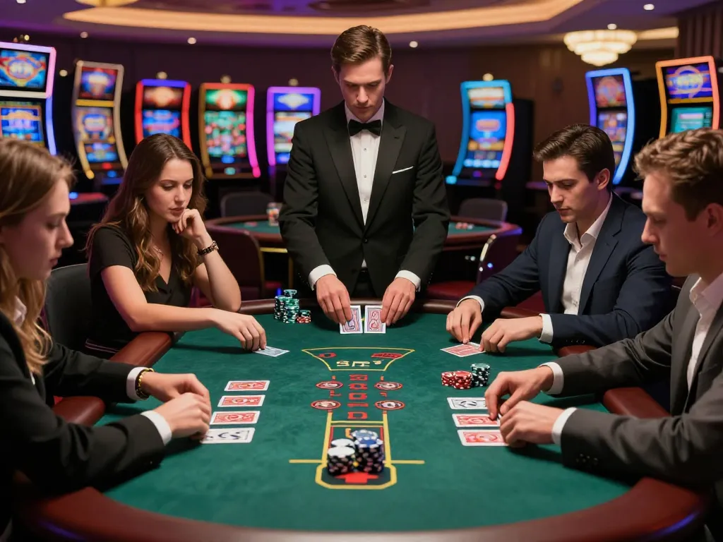Players at an 8day blackjack table reveal cards, showcasing excitement in a luxurious casino setting