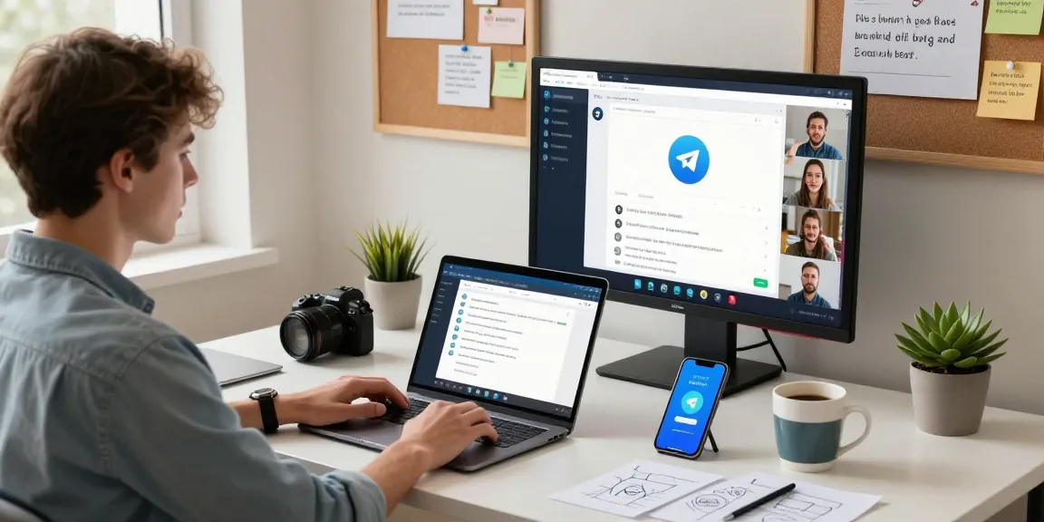 Using the Telegram Web Version in a modern home office setting with a laptop, smartphone, and notes.