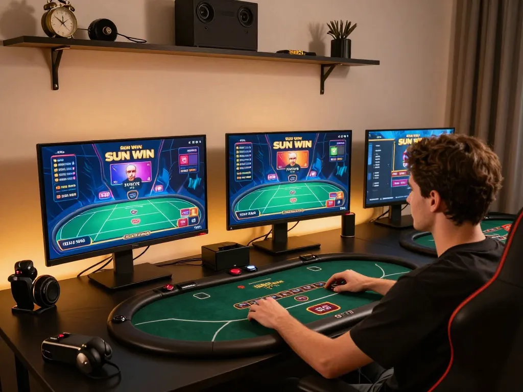 SUN WIN poker gameplay in a luxurious online gaming environment showcasing strategic moments and modern decor.