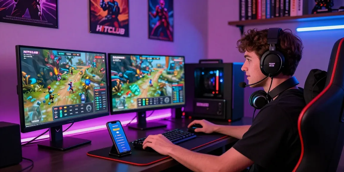 Engaged player experiences excitement on HITCLUB gaming platform with vibrant visuals and gaming gear.