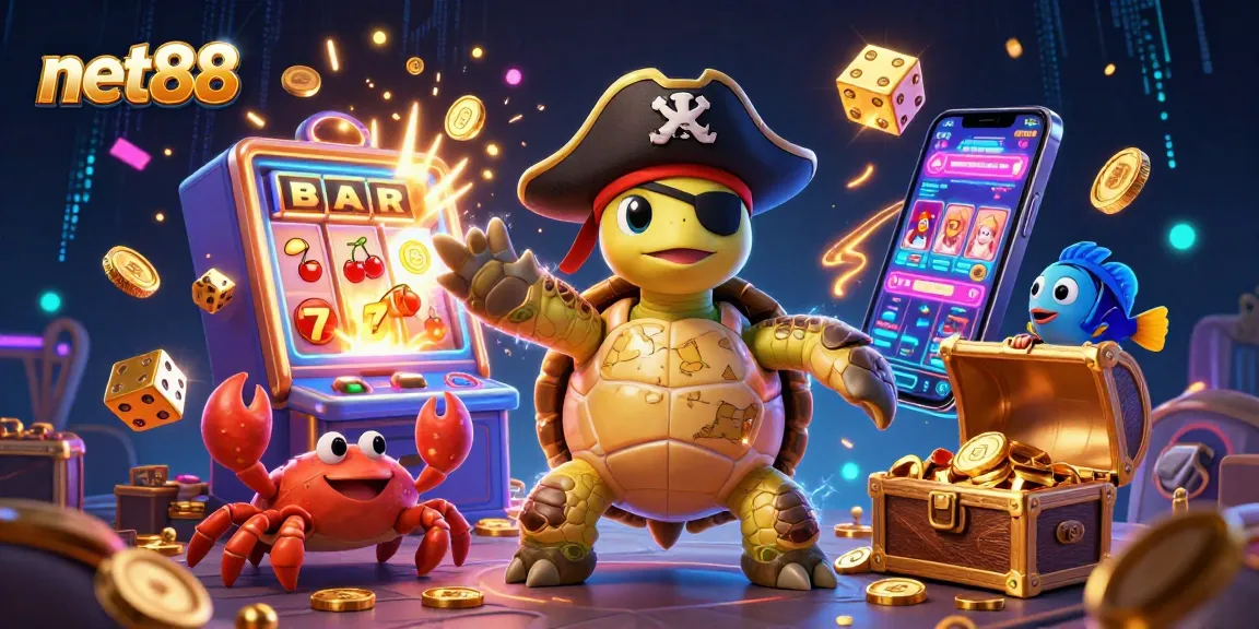 Join the adventure with net88's pirate turtle, crab, and parrotfish amid a jackpot celebration!
