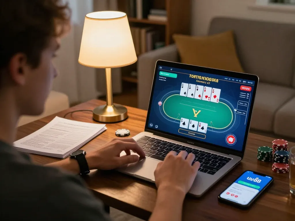 Playing poker online at uu 88 with strategy notes and laptop in cozy home environment