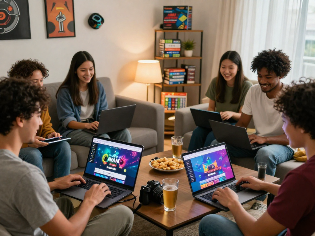 Scene di gioco responsabile in casa con amici che utilizzano siti non AAMS sicuri.