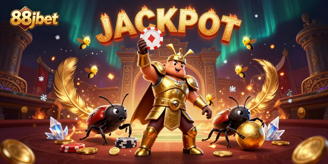 Enter the 88jbet world where a victorious beetle lifts a poker chip, symbolizing winning strategies.